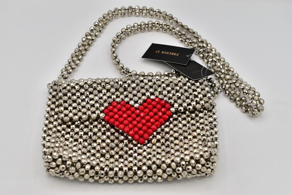 Forever 21 Handbag Crossbody Red Heart Silver Beaded Purse Valentine NWT Rare